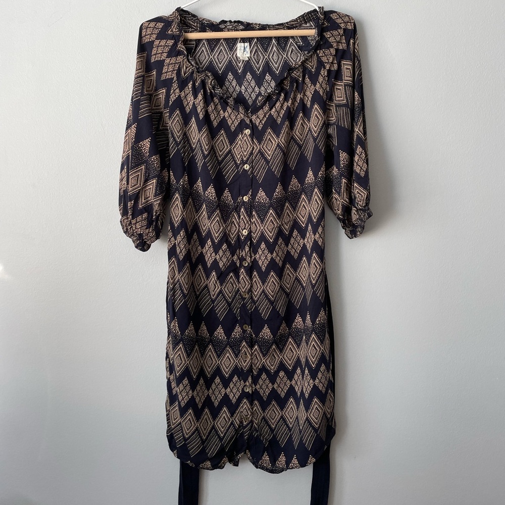 Anthropologie | Edme & Esyllte Navy Patterned Button Down Midi Dress Size 2 Larg